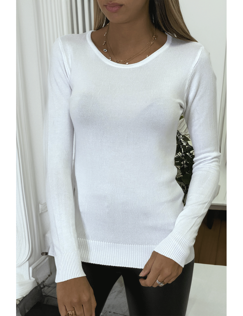 Pull blanc col rond en maille tricot très extensible et très doux - 5