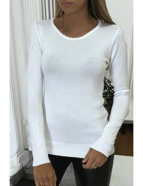 Pull blanc col rond en maille tricot très extensible et très doux - 5