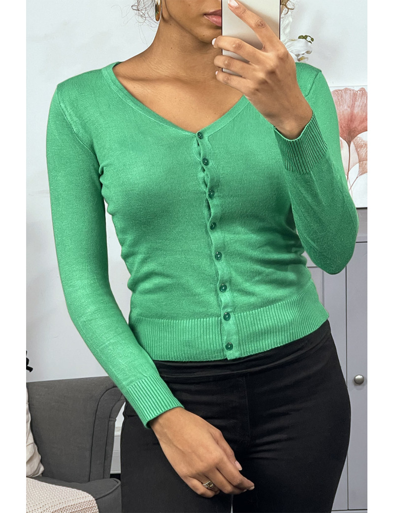 Gilet vert clair en maille tricot très extensible, l'incontournable classique - 1
