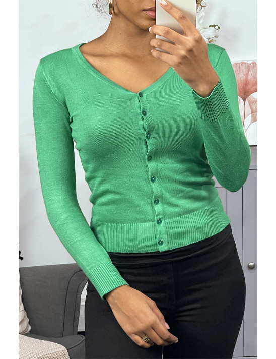 Gilet vert clair en maille tricot très extensible, l'incontournable classique - 1