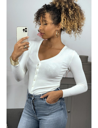 Gilet écru en maille tricot très extensible, l'incontournable classique - 3