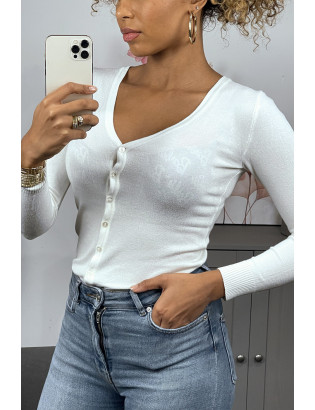 Gilet écru en maille tricot très extensible, l'incontournable classique - 4