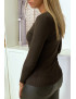 Pull marron col V en maille tricot très extensible et très doux - 2