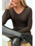 Pull marron col V en maille tricot très extensible et très doux - 3