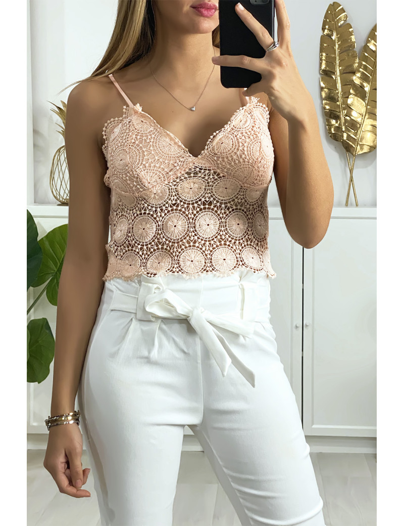 Débardeur en dentelle rose avec bretelles amovible - 2