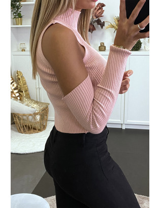 Pull rose côtelé à épaules dénudées et col haut - 5