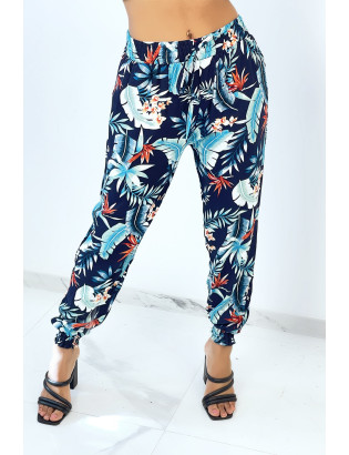 Pantalon marine cigarette fluide à motif feuillages et plumes - 1