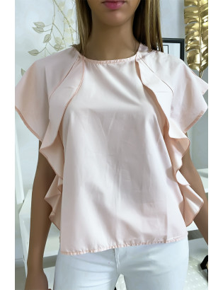 Blouse rose à volant avec trois boutons à l'épaules - 1