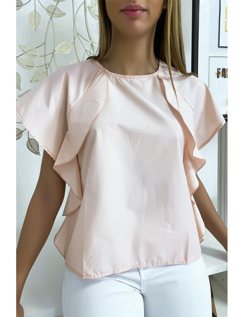 Blouse rose à volant avec trois boutons à l'épaules - 2