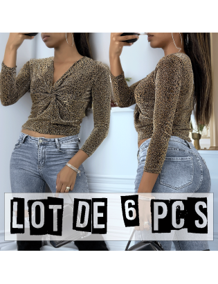Lot de 6 Hauts scintillant avec imprimés léopard doré à manches longues, col v - 1