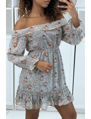 Robe patineuse fleurie verte à manches tombantes - 1