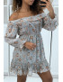 Robe patineuse fleurie verte à manches tombantes - 1