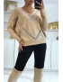 Pull col V en taupe over size avec dentelle dans une belle matière douce - 1