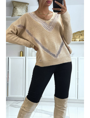 Pull col V en taupe over size avec dentelle dans une belle matière douce - 2