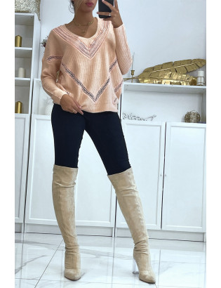 Pull col V en rose over size avec dentelle dans une belle matière douce - 2