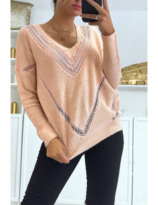 Pull col V en rose over size avec dentelle dans une belle matière douce - 3