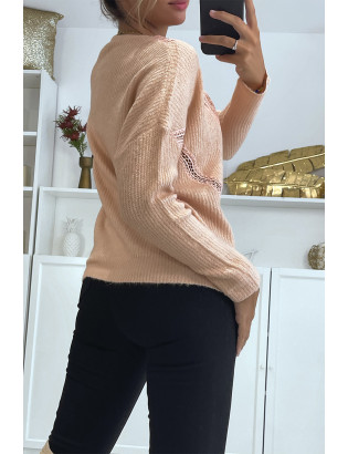 Pull col V en rose over size avec dentelle dans une belle matière douce - 4