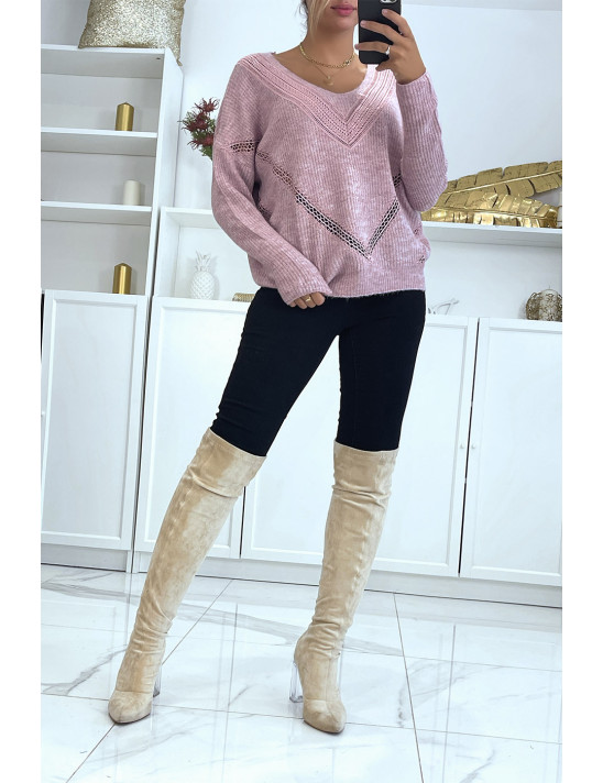 Pull col V en lilas over size avec dentelle dans une belle matière douce - 1