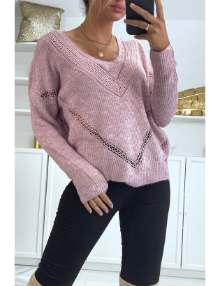 Pull col V en lilas over size avec dentelle dans une belle matière douce - 3