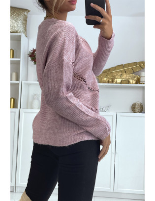 Pull col V en lilas over size avec dentelle dans une belle matière douce - 4