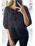 Blouse noir manches bouffante col bateau en matière à trous - 1
