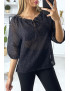 Blouse noir manches bouffante col bateau en matière à trous - 3