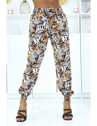 Pantalon feuillage beige fluide élastique à la taille et aux chevilles - 1