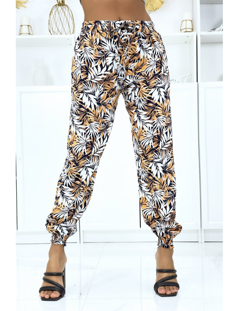 Pantalon feuillage beige fluide élastique à la taille et aux chevilles - 1
