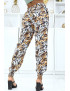 Pantalon feuillage beige fluide élastique à la taille et aux chevilles - 3