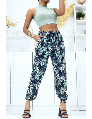 Pantalon feuillage vert fluide élastique à la taille et aux chevilles - 1