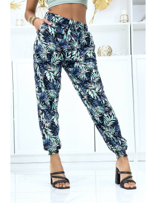 Pantalon feuillage vert fluide élastique à la taille et aux chevilles - 3