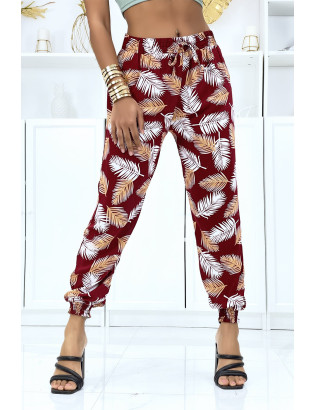 Pantalon feuillage bordeaux fluide élastique à la taille et aux chevilles - 1