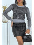 Pull court gris col rond à paillettes et sequins - 1