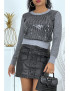 Pull court gris col rond à paillettes et sequins - 2