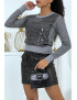 Pull court gris col rond à paillettes et sequins - 3