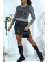 Pull court gris col rond à paillettes et sequins - 5