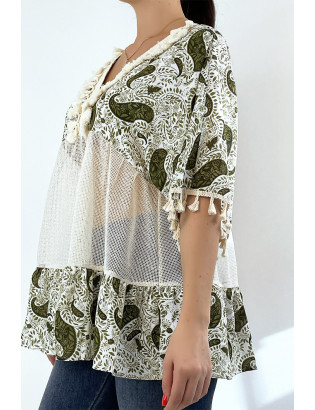 Tunique kaki ajourée façon bohème avec pompons et motifs - 3