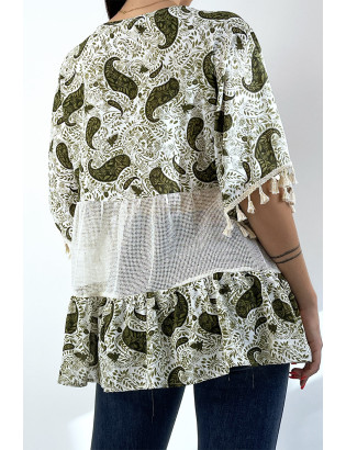 Tunique kaki ajourée façon bohème avec pompons et motifs - 4
