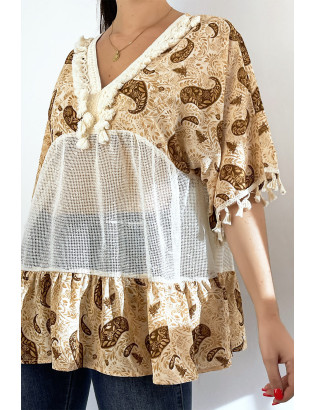 Tunique beige ajourée façon bohème avec pompons et motifs - 3