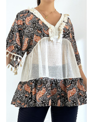 Tunique noire ajourée façon bohème avec pompons et motifs - 1