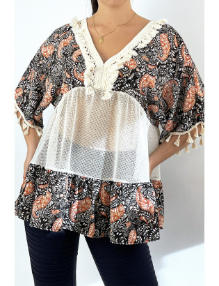 Tunique noire ajourée façon bohème avec pompons et motifs - 3
