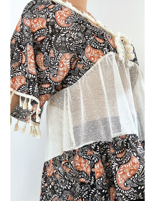 Tunique noire ajourée façon bohème avec pompons et motifs - 5