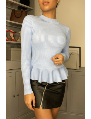 Pull turquoise côtelé coupe péplum et col haut - 4