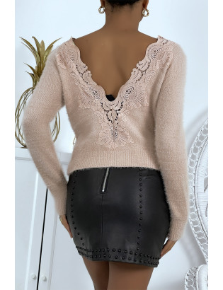 Pull duveteux rose à dos nu et détails dentelle - 3
