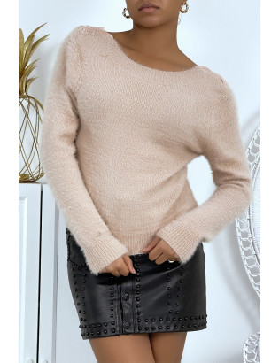 Pull duveteux rose à dos nu et détails dentelle - 4