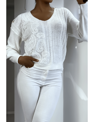 Pull col V blanc à motif dentelle blanche - 1