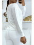 Pull col V blanc à motif dentelle blanche - 2