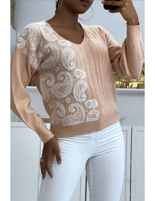 Pull col V rose pastel à motif dentelle blanche - 2