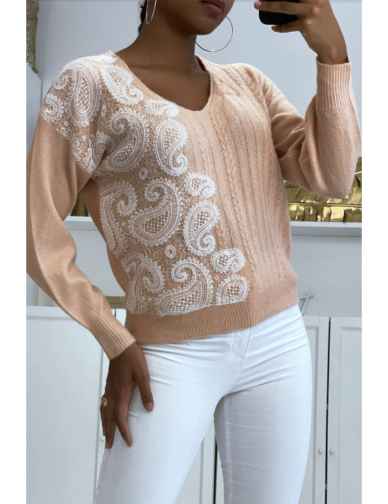 Pull col V rose pastel à motif dentelle blanche - 2