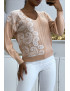 Pull col V rose pastel à motif dentelle blanche - 2